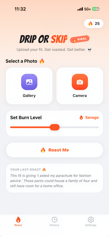Drip or Skip AI roast screen